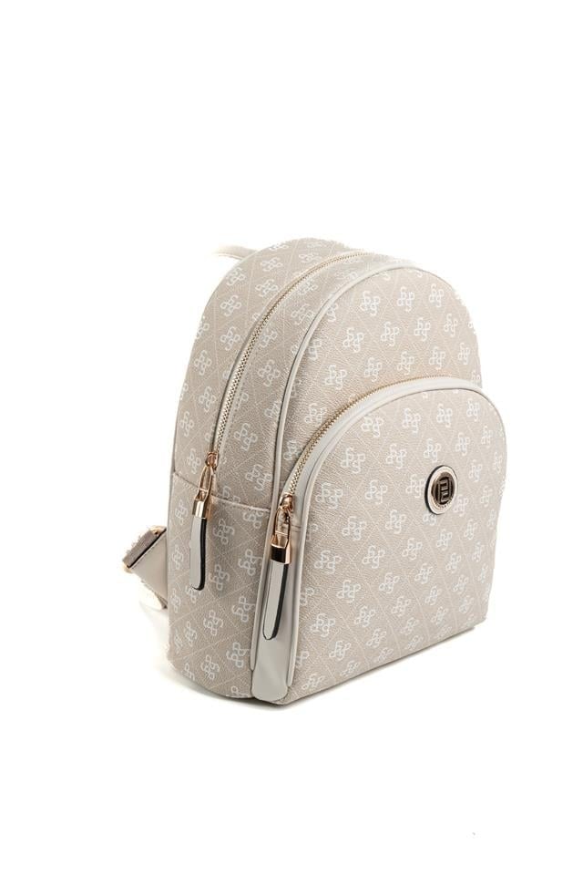 SP1062 Kadın Sırt Çantası Monogram Taş-Kemik 1 Дамска бежова раница с монограмен десен, компактна чанта тип раница за ежедневието