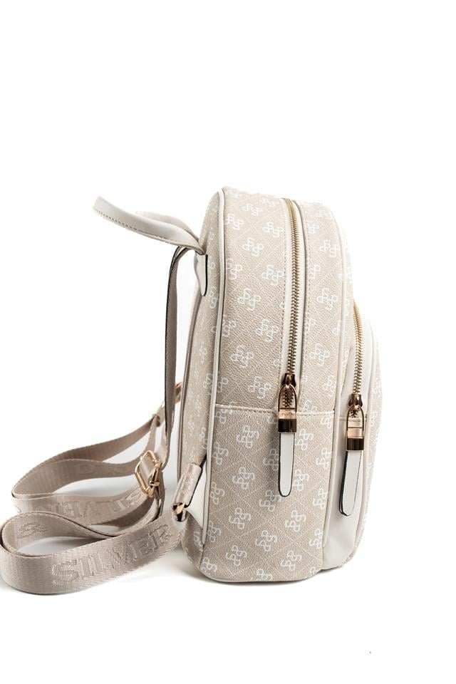SP1062 Kadın Sırt Çantası Monogram Taş-Kemik 2 Дамска бежова раница с монограмен десен, компактна чанта тип раница за ежедневието