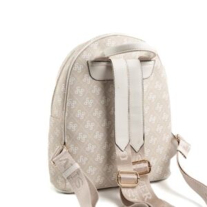 SP1062 Kadın Sırt Çantası Monogram Taş-Kemik 3 Дамска бежова раница с монограмен десен, компактна чанта тип раница за ежедневието