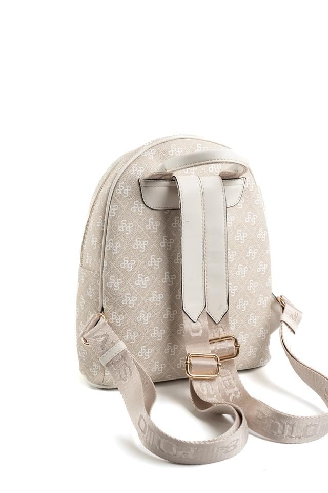 SP1062 Kadın Sırt Çantası Monogram Taş-Kemik 3 Дамска бежова раница с монограмен десен, компактна чанта тип раница за ежедневието