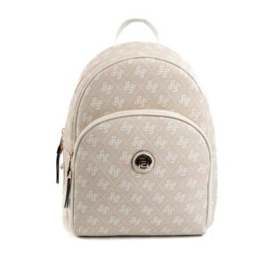 Дамска бежова раница с монограмен десен, компактна чанта тип раница за ежедневието