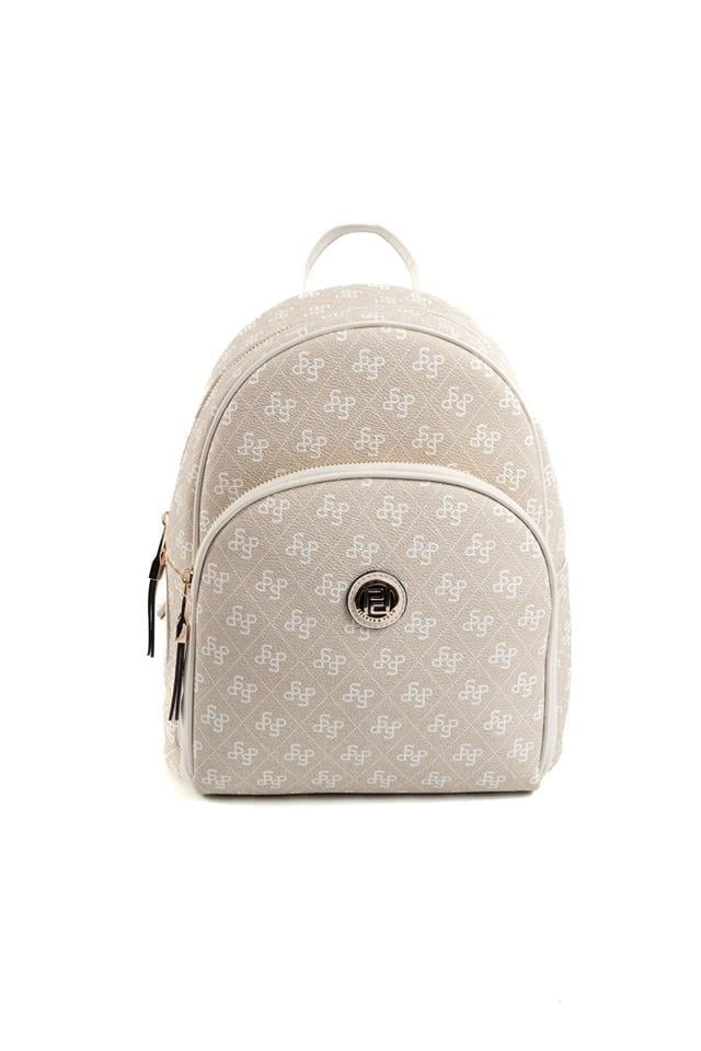 Дамска бежова раница SP1062 – монограм, малка чанта тип раница Дамска бежова раница с монограмен десен, компактна чанта тип раница за ежедневието