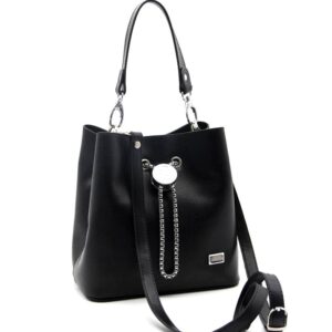 Silver & Polo Siyah - Siyah SP967 Kadın Çapraz Çanta 7 Дамска чанта Silver & Polo SP967 черна – елегантна кожена чанта с метални детайли и дълга дръжка.