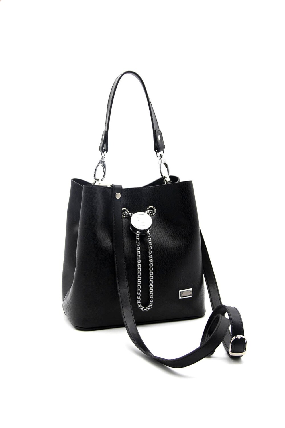 Silver & Polo Siyah - Siyah SP967 Kadın Çapraz Çanta 7 Дамска чанта Silver & Polo SP967 черна – елегантна кожена чанта с метални детайли и дълга дръжка.