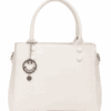 Стилна дамска чанта в екрю с декоративен ключодържател