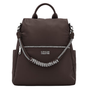 Тъмно кафява дамска раница от еко кожа и плат – стилна ежедневна раница за жени