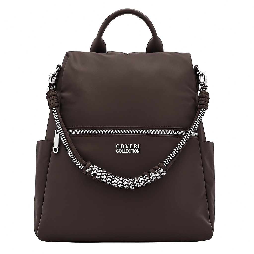 Дамска раница от плат Coveri Collection – стилна тъмно кафява Тъмно кафява дамска раница от еко кожа и плат – стилна ежедневна раница за жени
