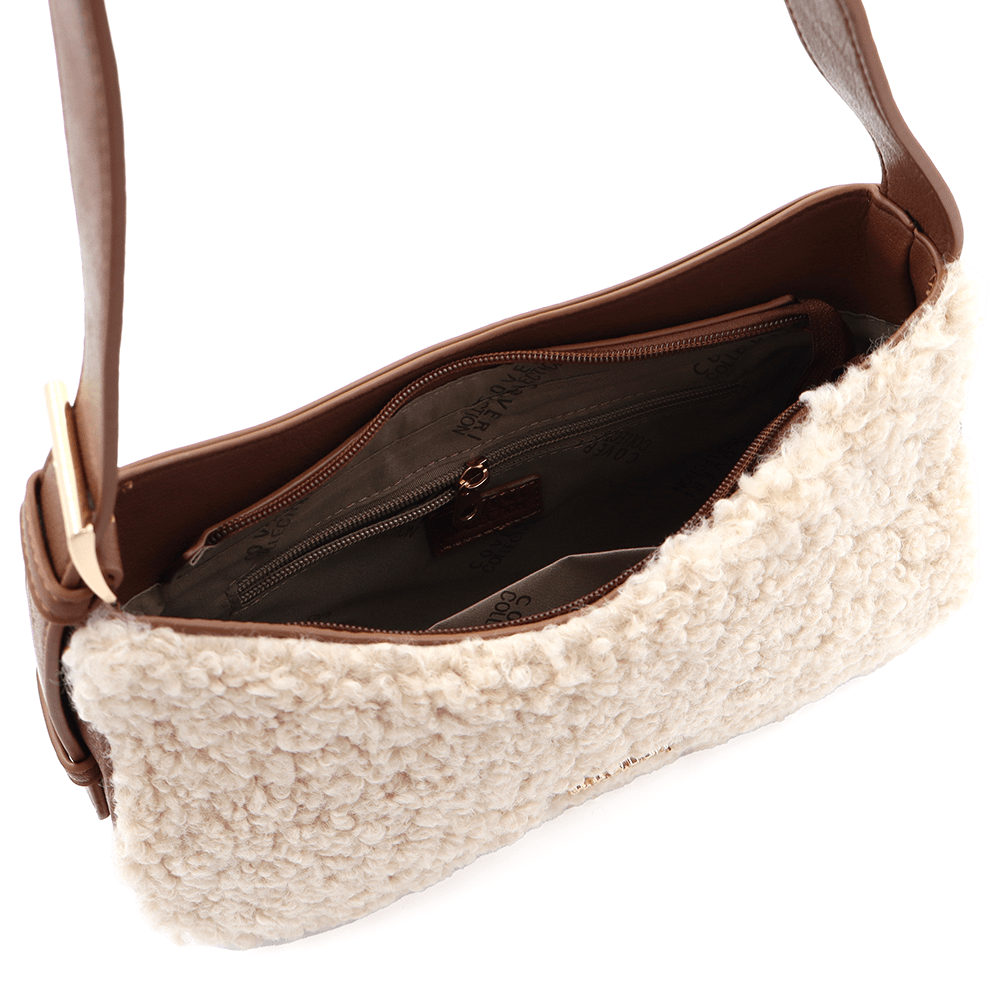 Дамска чанта от еко кожа и плюш Coveri Collection – бежово 3 Дамска чанта Coveri Collection от еко кожа – бежова / карамелена, елегантна и модерна