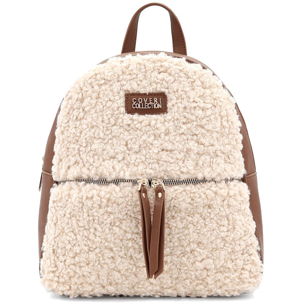 Елегантна дамска раница Coveri Collection с пухкав ефект – бежовокарамел Елегантна дамска раница в бежово – модерна ежедневна раница от еко кожа с функционален дизайн