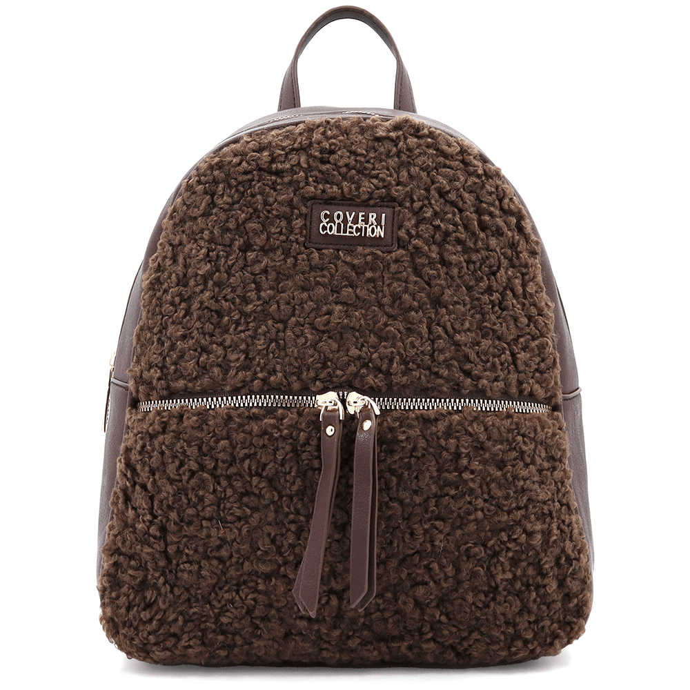 Елегантна дамска раница Coveri Collection с пухкав ефект – тъмно кафява Елегантна кафява дамска раница Coveri Collection – модерна ежедневна кожена раница за жени.