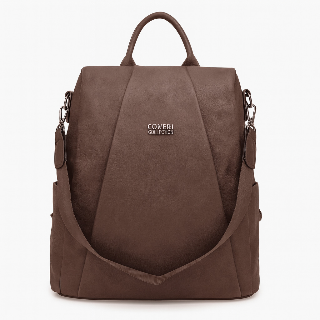 Луксозна дамска 2 в 1 раница и чанта от еко кожа – тъмно кафява Луксозна дамска 2 в 1 раница и чанта от еко кожа Coveri Collection – тъмно кафява