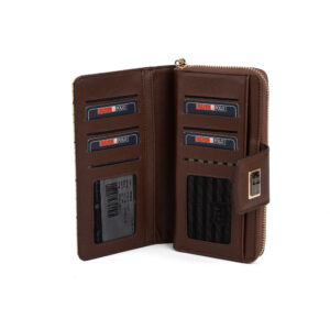 Дамско портмоне Silver & Polo SP928 koyu-bej kahve – бежово луксозно портмоне с монограм и метална емблема.