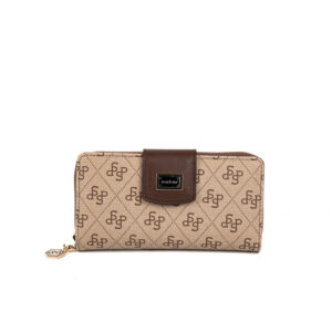 Дамско портмоне Silver & Polo SP928 koyu-bej kahve – бежово луксозно портмоне с монограм и метална емблема.