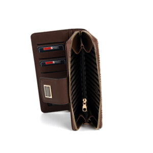 Дамско портмоне Silver & Polo SP928 koyu-bej kahve – бежово луксозно портмоне с монограм и метална емблема.