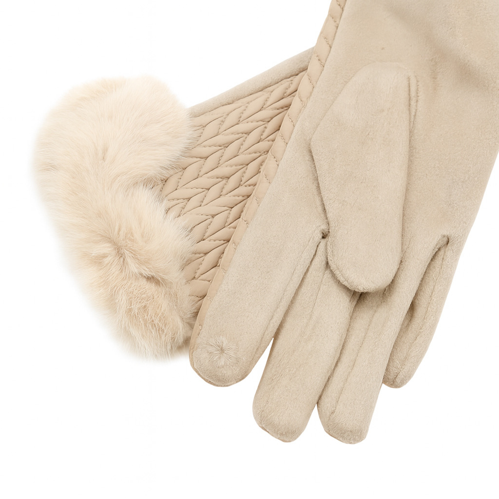 Елегантни дамски зимни ръкавици с пух – бежови, 1 Елегантни дамски зимни ръкавици от бежова еко кожа с пухена подплата