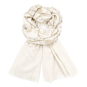 Луксозен бежов шал с флорална релефна бродерия Луксозен бежов дамски шал с декоративен възел – елегантен зимен аксесоар.