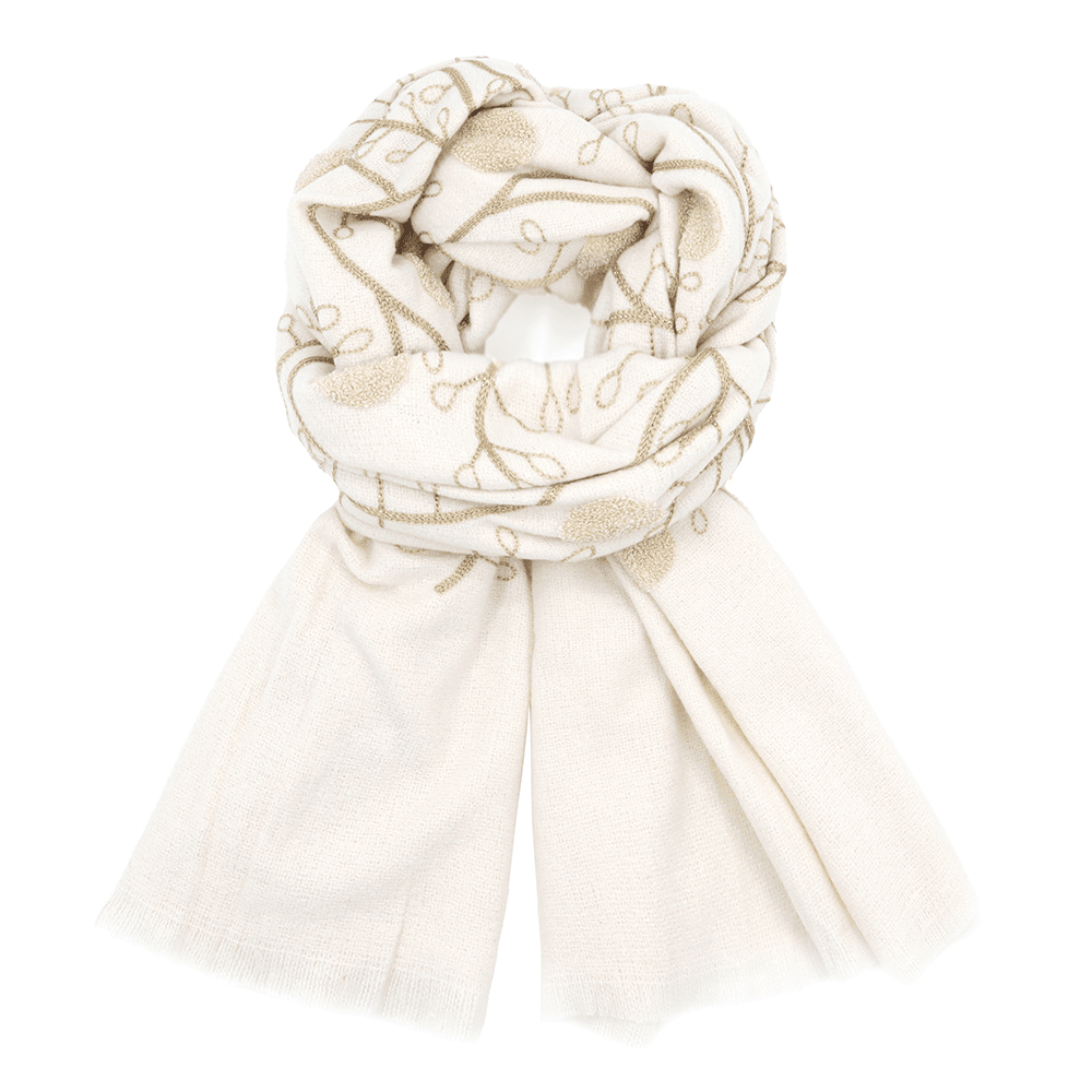 Луксозен бежов шал с флорална релефна бродерия Луксозен бежов дамски шал с декоративен възел – елегантен зимен аксесоар.