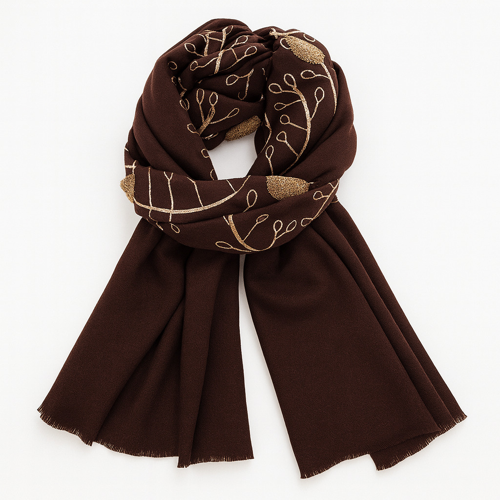 Луксозен тъмно кафяв шал с флорална релефна бродерия Луксозен тъмно кафяв дамски шал с декоративен възел – елегантен зимен аксесоар.