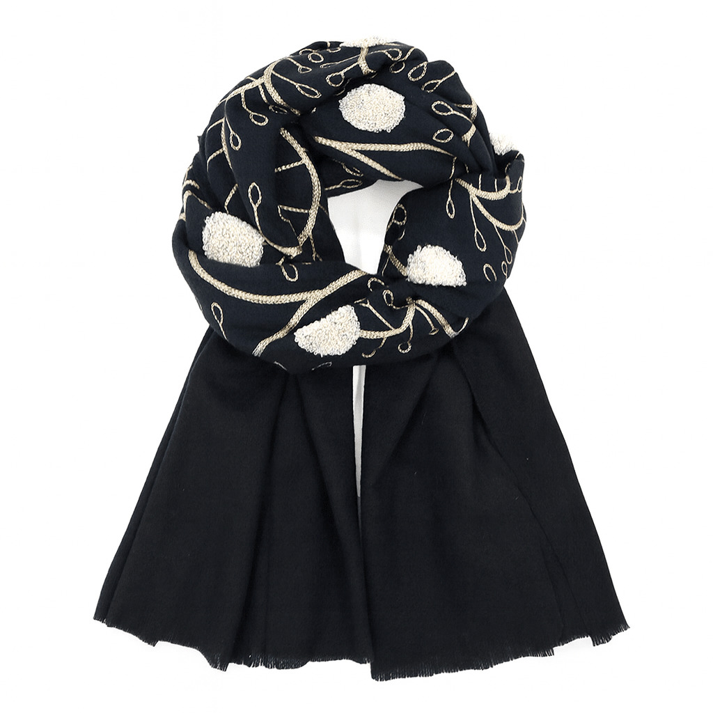 Луксозен черен шал с флорална релефна бродерия Луксозен черен дамски шал с декоративен възел – елегантен зимен аксесоар.
