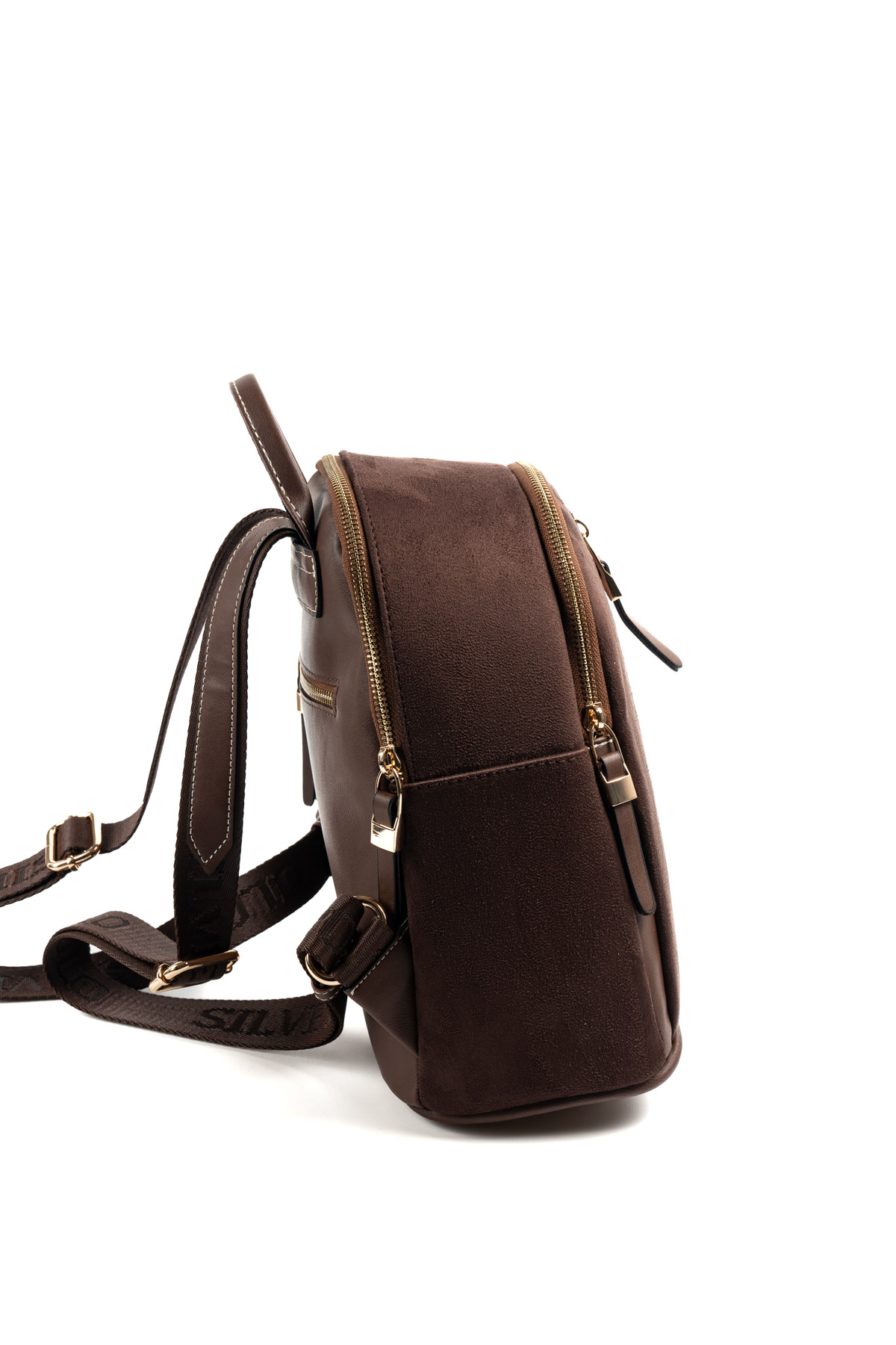 Silver & Polo KAHVE-MAT KAHVE 2 Дамска раница Silver & Polo от тъмно кафяв велур и еко кожа със златисти ципове – стилна ежедневна раница за жени.