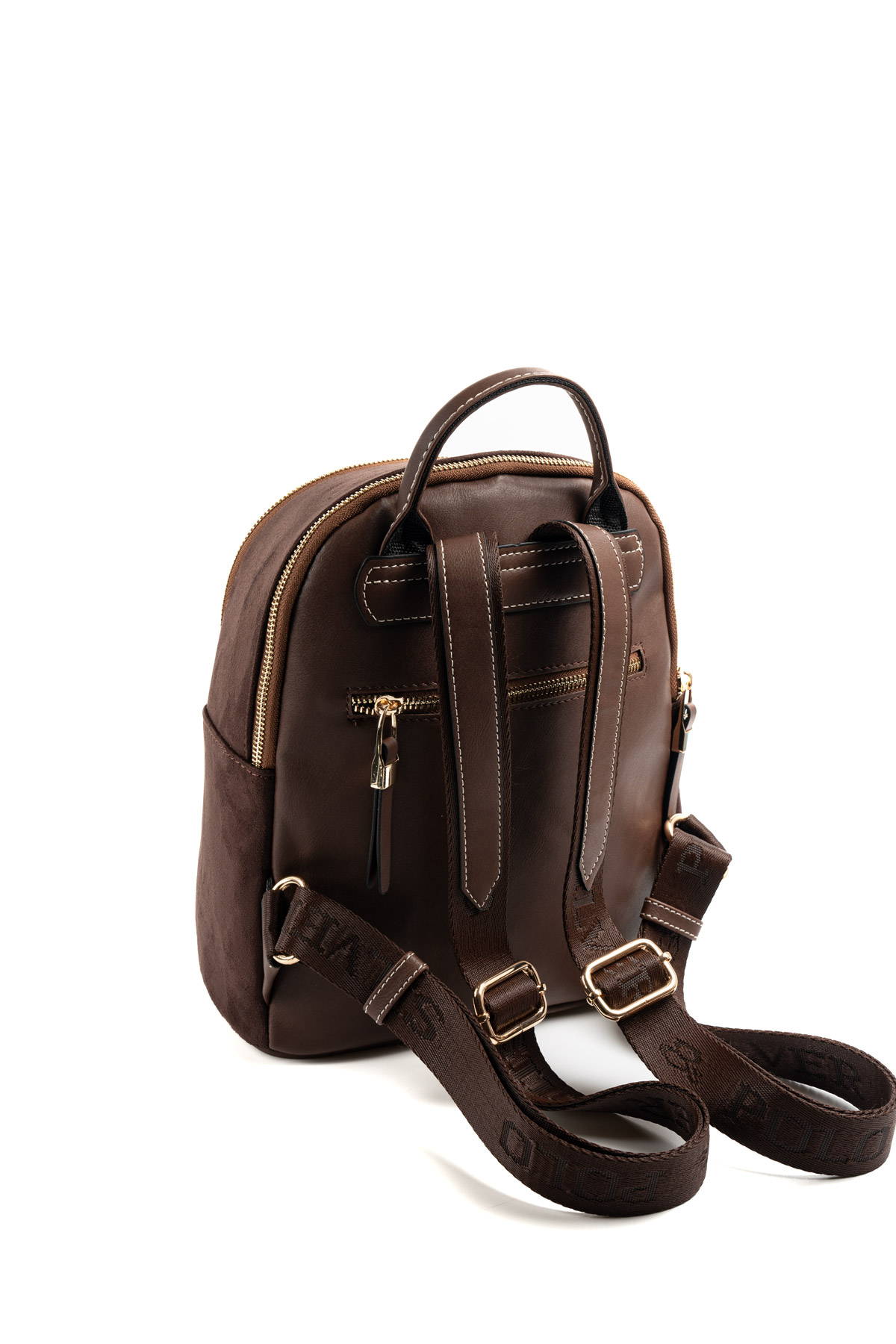 Silver & Polo KAHVE-MAT KAHVE 3 Дамска раница Silver & Polo от тъмно кафяв велур и еко кожа със златисти ципове – стилна ежедневна раница за жени.