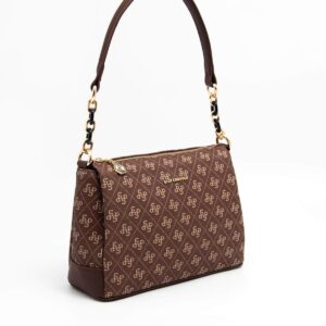 Дамска чанта Silver & Polo тъмно кафява с монограмен десен и къса дръжка