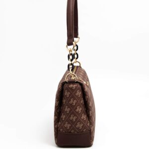 Дамска чанта Silver & Polo тъмно кафява с монограмен десен и къса дръжка