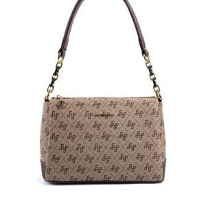 Дамска чанта Silver & Polo тъмно бежова с монограмен десен и къса дръжка