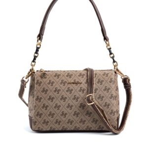 Дамска чанта Silver & Polo тъмно бежова с монограмен десен и къса дръжка