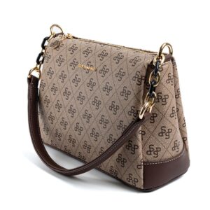 Дамска чанта Silver & Polo тъмно бежова с монограмен десен и къса дръжка