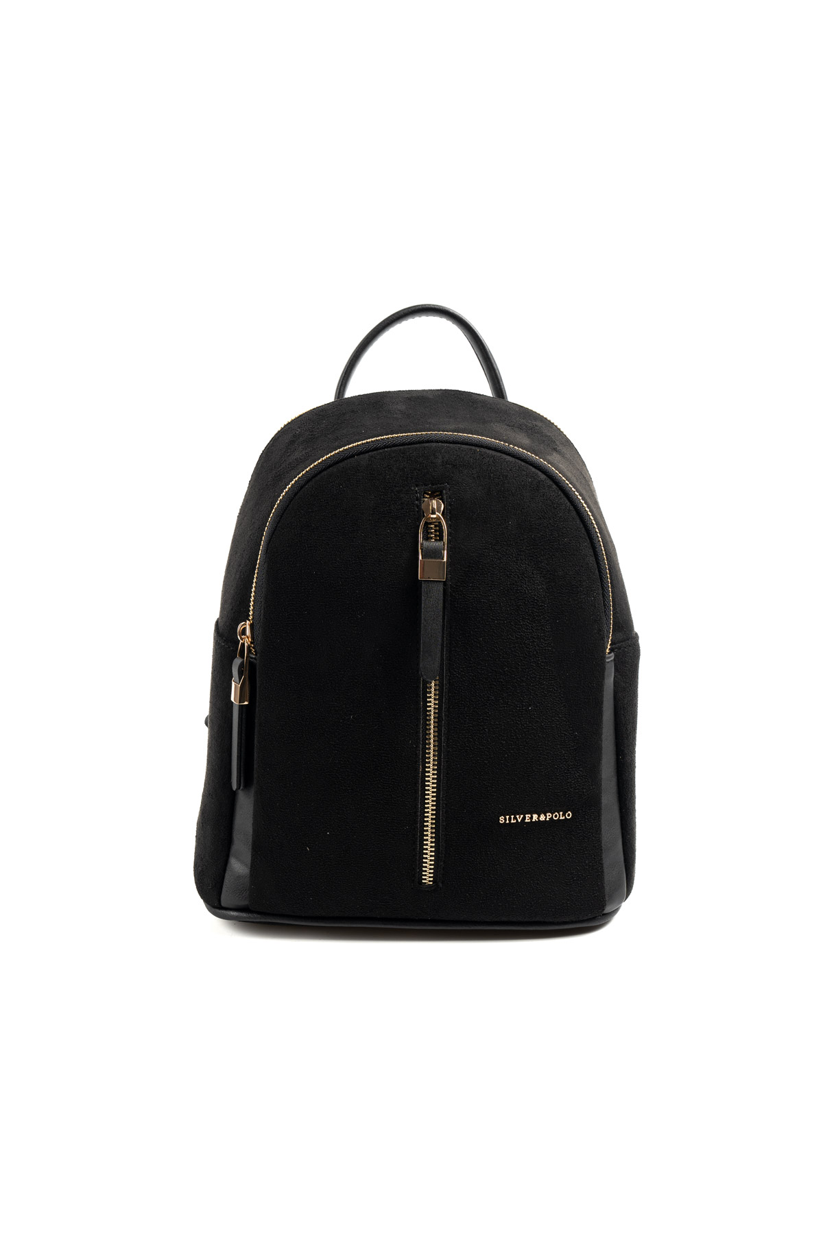 Silver & Polo SİYAH-MAT SİYAH Черна дамска раница Silver & Polo от еко кожа със златисти ципове – ежедневна раница за жени.