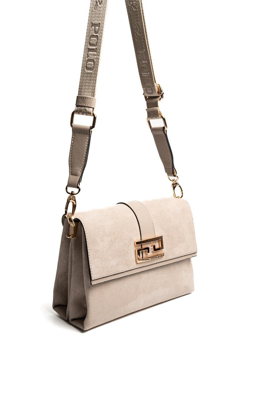 Silver & Polo SP1009 Kadın Çapraz Çanta Süet Bej-Kum 1 Бежова дамска чанта Silver & Polo SP1009 със суетена текстура и регулируема презрамка – ежедневна чанта през рамо