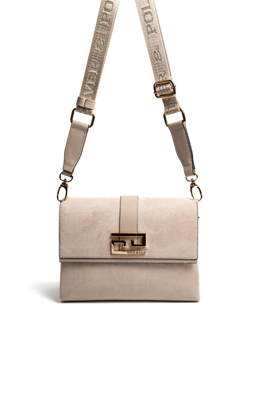 Silver & Polo SP1009 Kadın Çapraz Çanta Süet Bej-Kum Бежова дамска чанта Silver & Polo SP1009 със суетена текстура и регулируема презрамка – ежедневна чанта през рамо