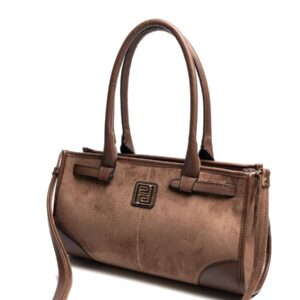 Тъмно кафява дамска чанта Silver & Polo от еко кожа с дръжки и златисти детайли