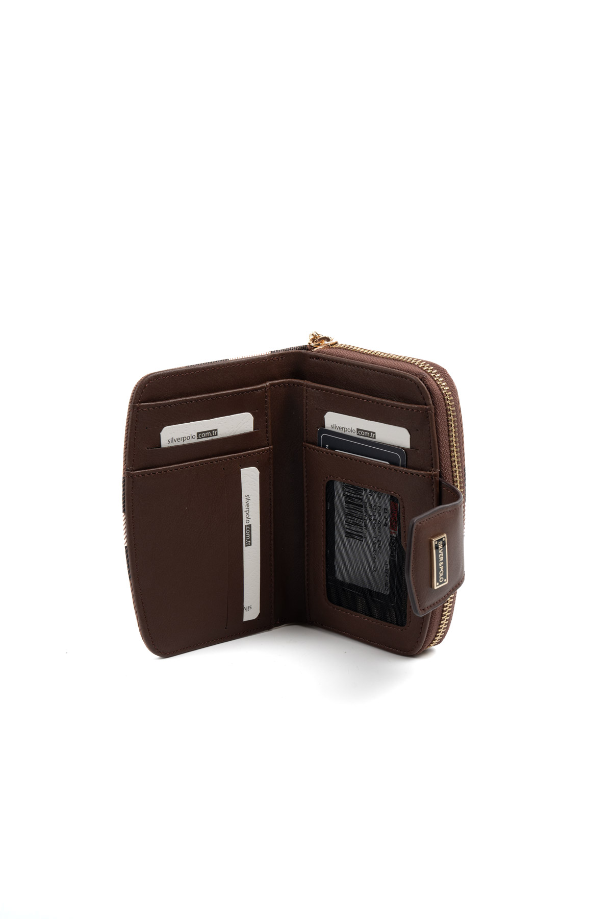Silver & Polo SP874 CÜZDAN Koyu-Kahve Mat 3 Кафяво дамско портмоне Silver & Polo SP874 от еко кожа Koyu Kahve-Kahve – компактно портмоне с отделения за карти