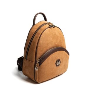 Silver & Polo SP945 Kadın Sırt Çantası Süet Taba-Kahve 1 Черна дамска раница Silver & Polo SP945 – елегантна ежедневна раница с преден джоб и златисти детайли.