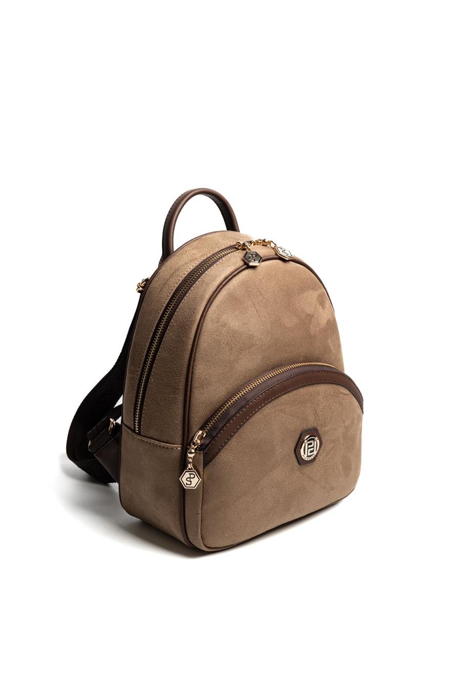 Silver & Polo SP945 Kadın Sırt Çantası Süet Vizon-Kahve 1 – Копие Черна дамска раница Silver & Polo SP945 – елегантна ежедневна раница с преден джоб и златисти детайли.