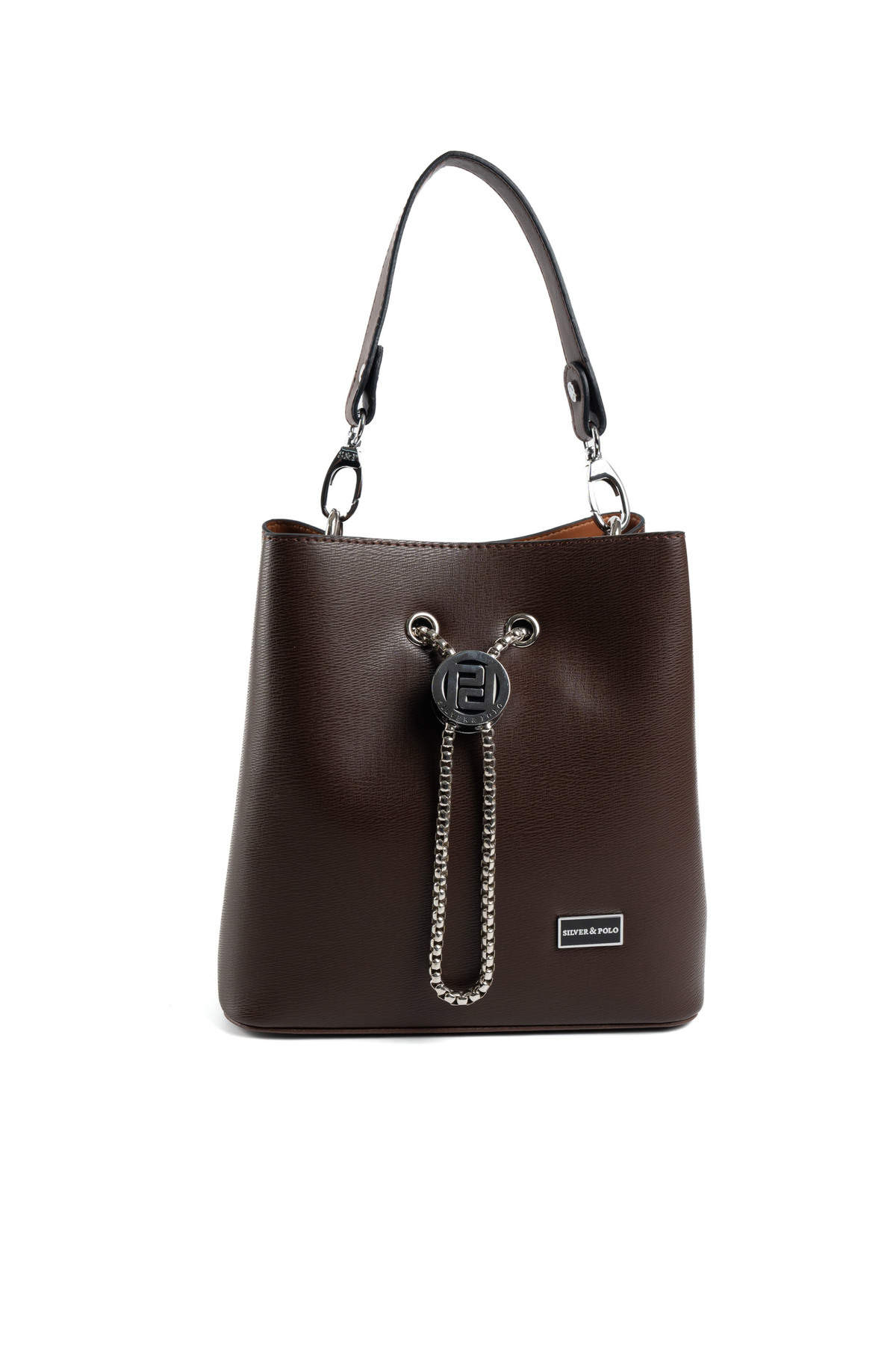 Silver & Polo SP967 KAHVE-NİX KAHVE 2 Дамска кафява кожена чанта Silver & Polo SP967 KAH, показана в ръка за визуализация на размера.