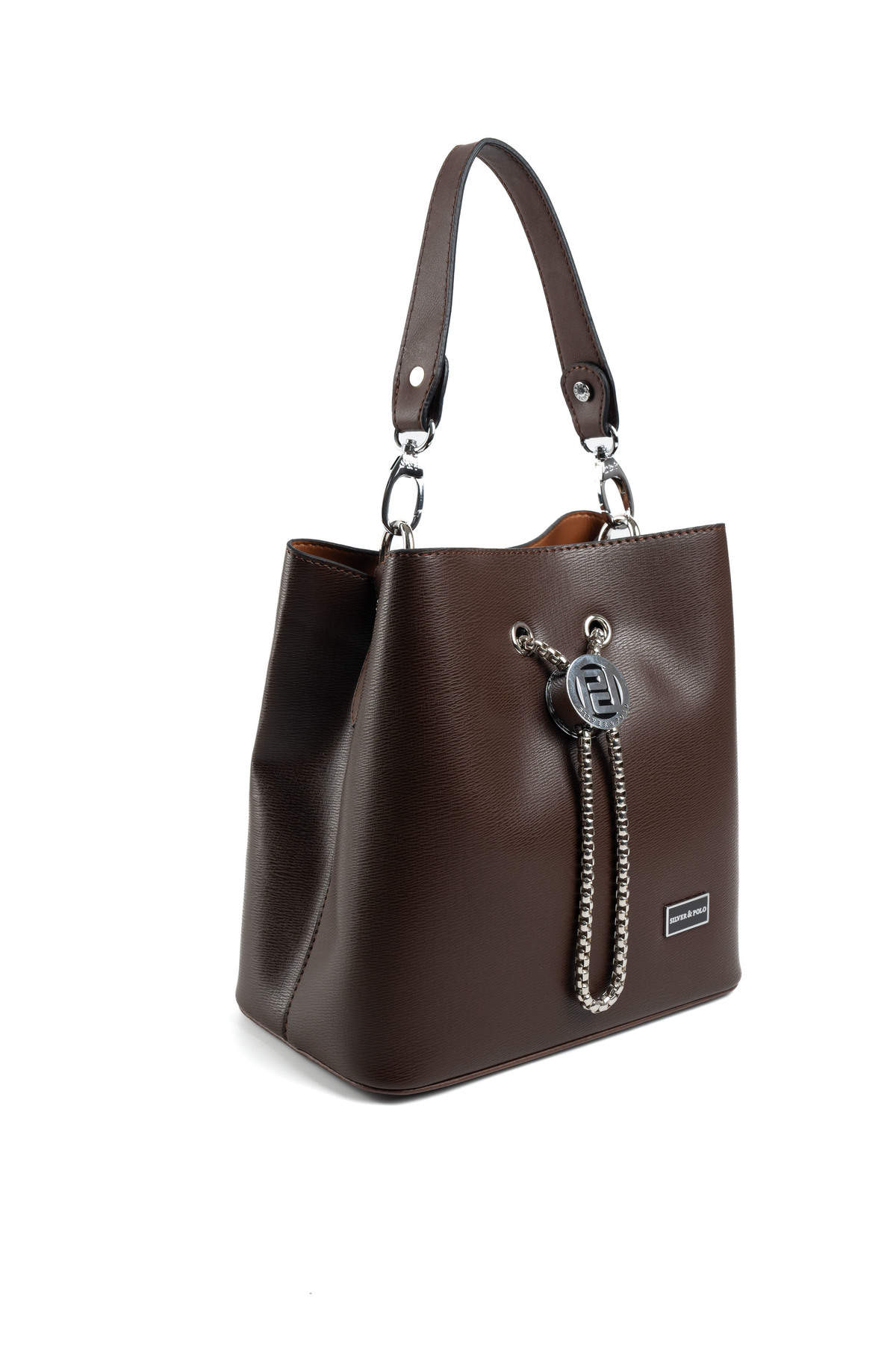 Silver & Polo SP967 KAHVE-NİX KAHVE 3 Дамска кафява кожена чанта Silver & Polo SP967 KAH, показана в ръка за визуализация на размера.
