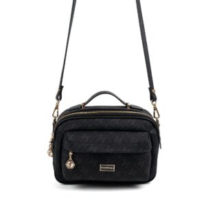 Черна дамска чанта с монограм – crossbody модел през рамо с регулируема дръжка.