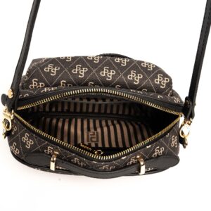 Черна дамска чанта с монограм – crossbody модел през рамо с регулируема дръжка.