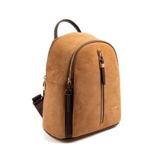 Silver & Polo TABA-MAT KAHVE 1 Дамска раница Silver & Polo от тъмно кафяво-карамелен велур и еко кожа със златисти ципове – стилна ежедневна раница за жени.