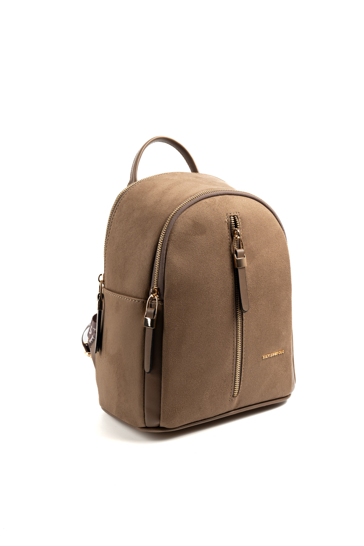 Silver & Polo VİZON-MAT VİZON 1 Дамска раница Silver & Polo във визон цвят от велур и еко кожа със златисти ципове – стилна ежедневна раница.