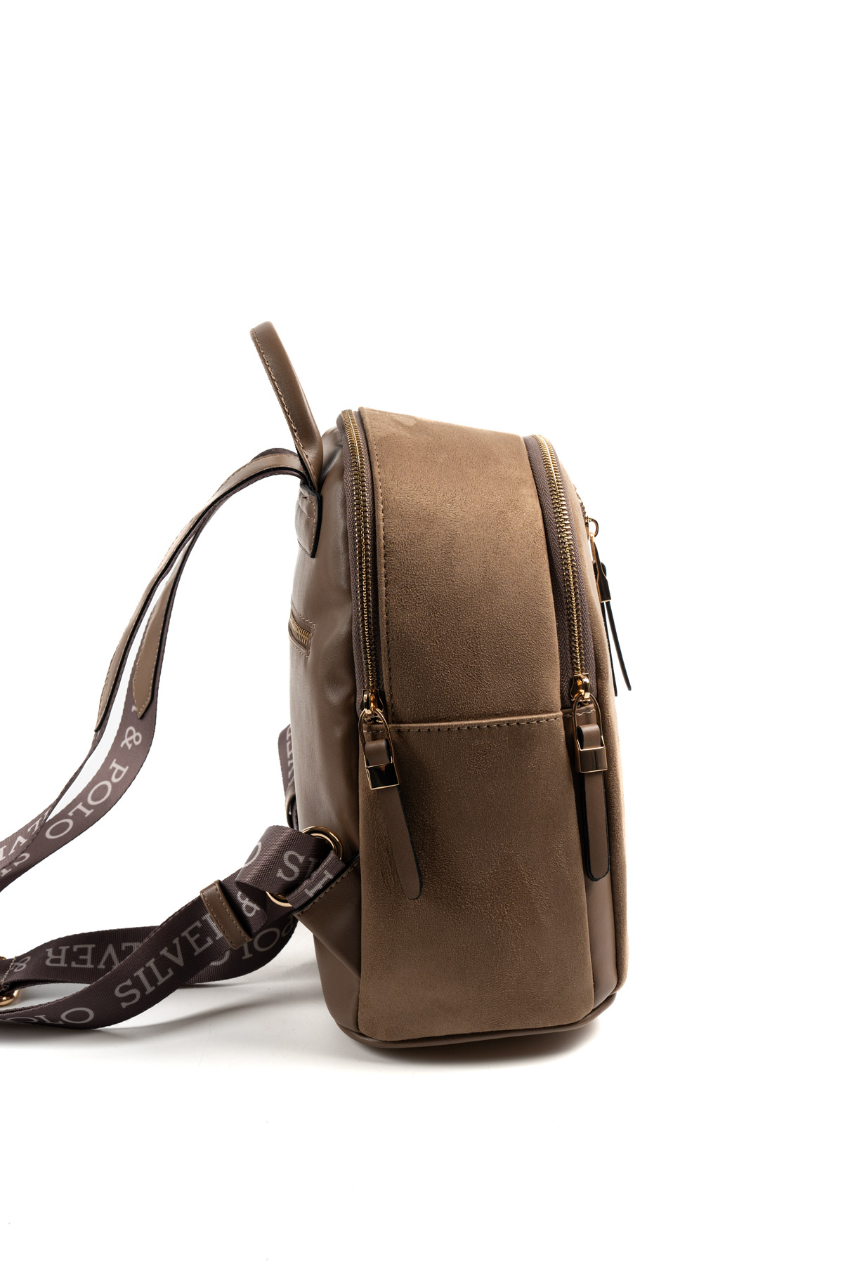 Silver & Polo VİZON-MAT VİZON 2 Дамска раница Silver & Polo във визон цвят от велур и еко кожа със златисти ципове – стилна ежедневна раница.