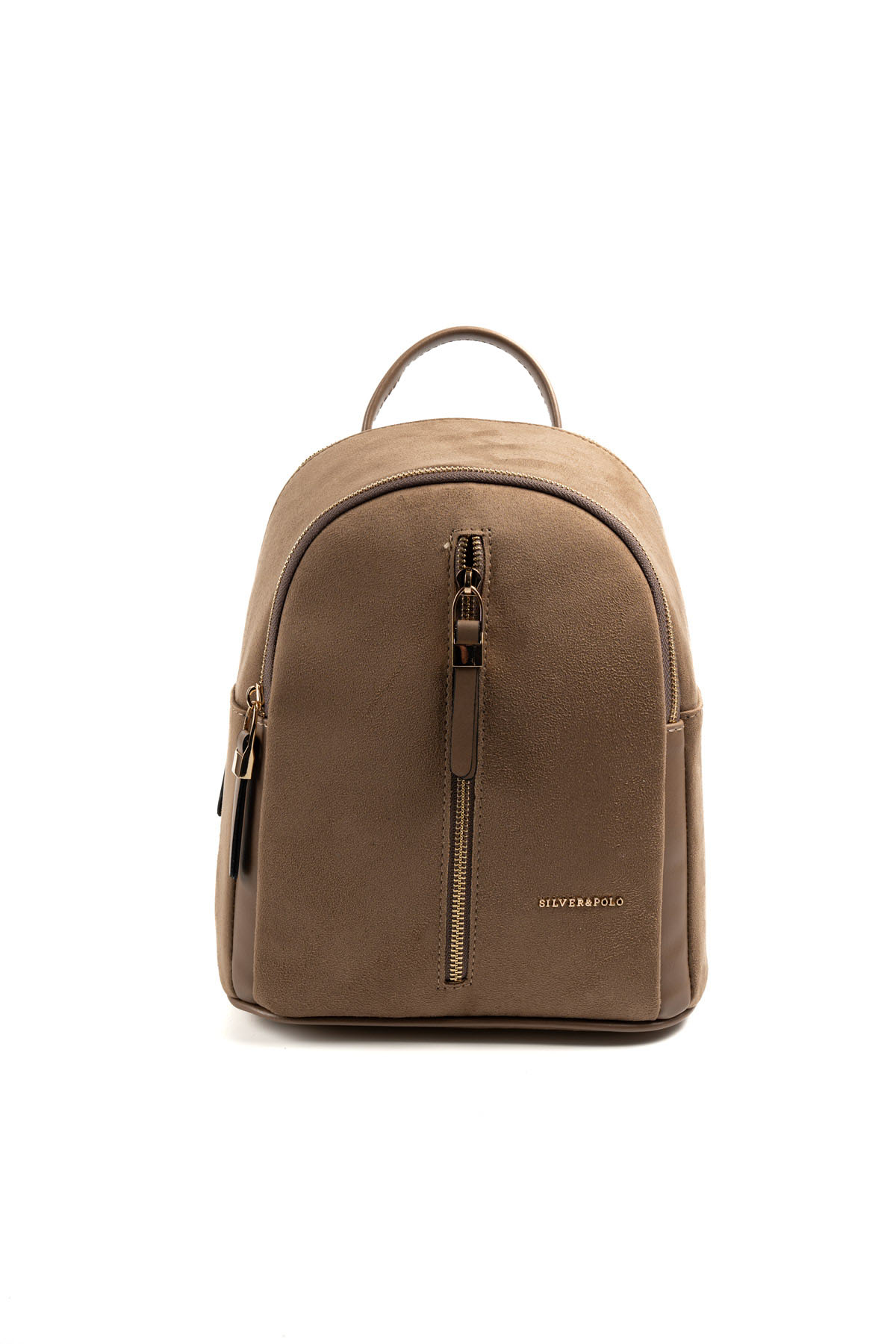 Silver & Polo VİZON-MAT VİZON Дамска раница Silver & Polo във визон цвят от велур и еко кожа със златисти ципове – стилна ежедневна раница.