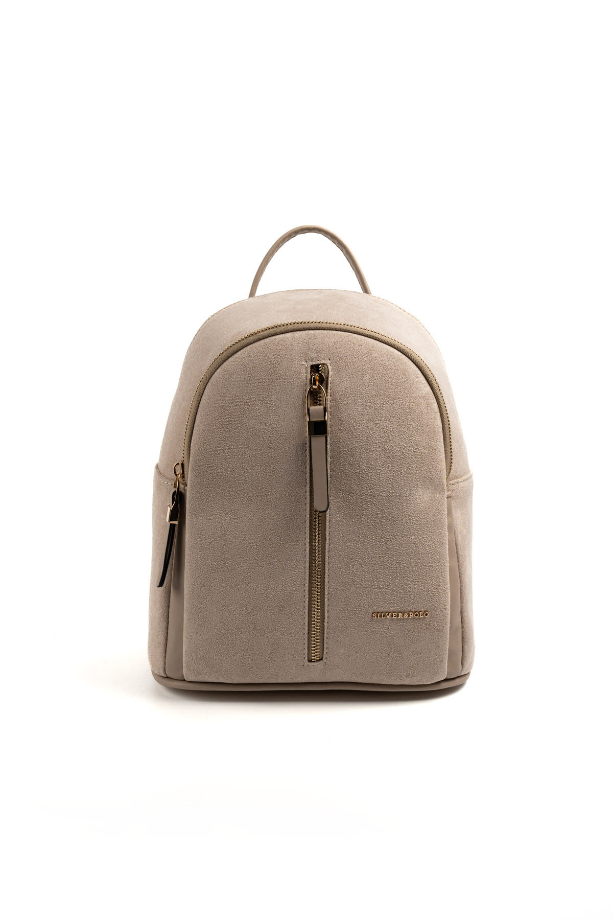 Silver&Polo BEJ-MAT KUM Дамска раница Silver & Polo от бежов велур и еко кожа със златисти ципове – стилна ежедневна раница.