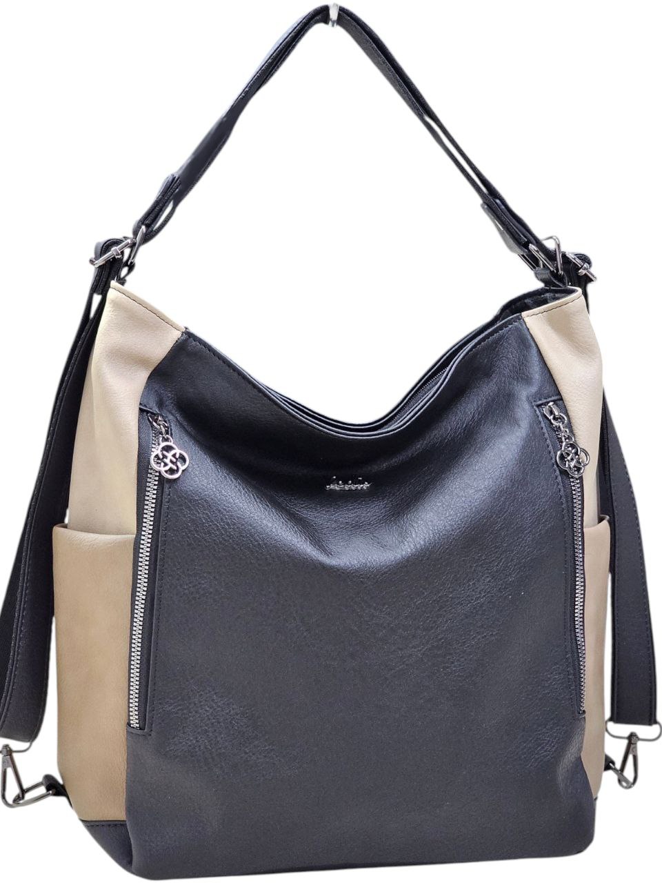 Дамска чанта 2 в 1 Vedis – чанта и раница от еко кожа Българско производство Дамска чанта 2 в 1 Vedis в черно и бежово с регулируема презрамка