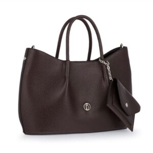 Тъмно-кафява дамска чанта от еко кожа с къси дръжки и регулируема презрамка