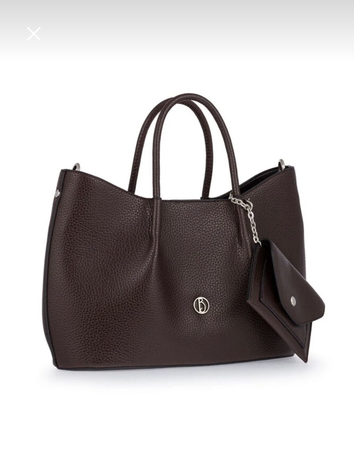 Тъмно-кафява дамска чанта от еко кожа с презрамка Тъмно-кафява дамска чанта от еко кожа с къси дръжки и регулируема презрамка