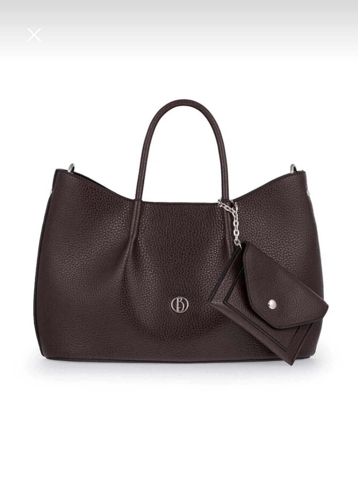 Тъмно-кафява дамска чанта от еко кожа с презрамка Тъмно-кафява дамска чанта от еко кожа с къси дръжки и регулируема презрамка